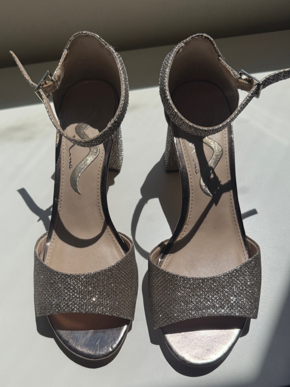 Nina Glitter Ankle-Strap Block Heel - Silver